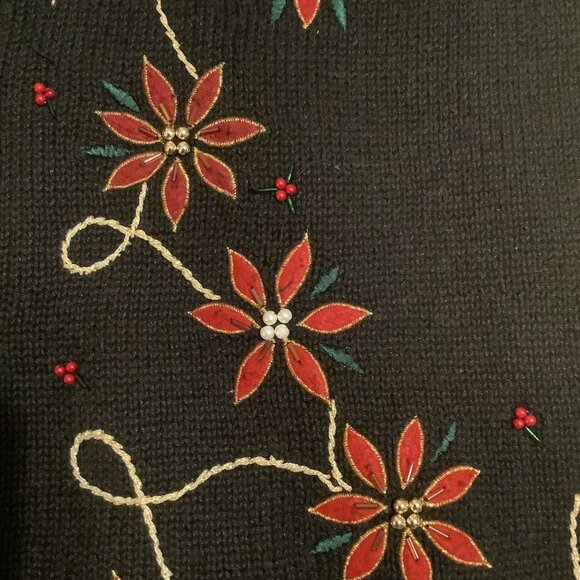 Vintage Bobbie Brooks Black Knit Vest Poinsettia Beaded Button Down Womens L - Picture 6 of 10